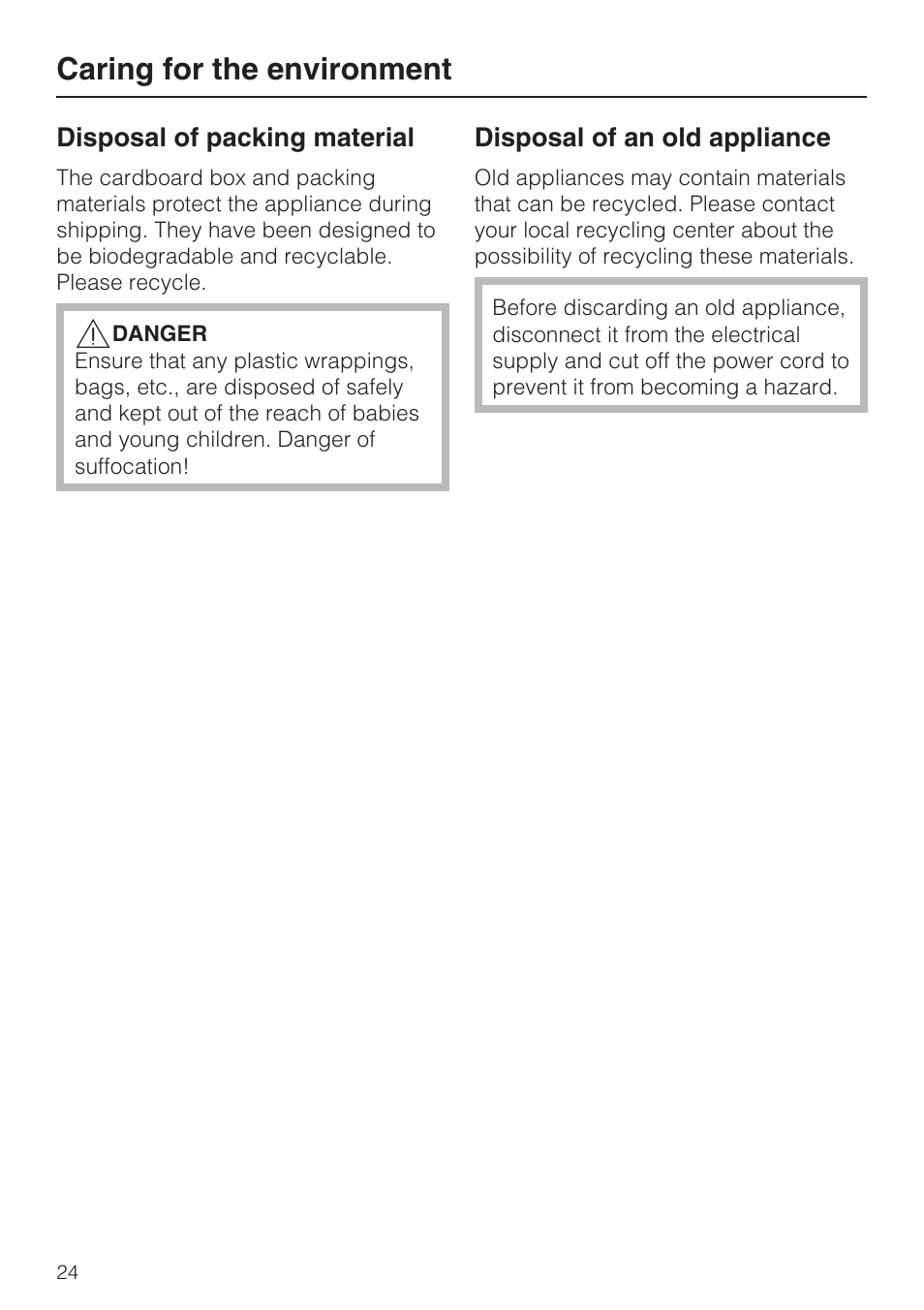 Caring for the environment 24, Caring for the environment | Miele DA2210 User Manual | Page 24 / 40