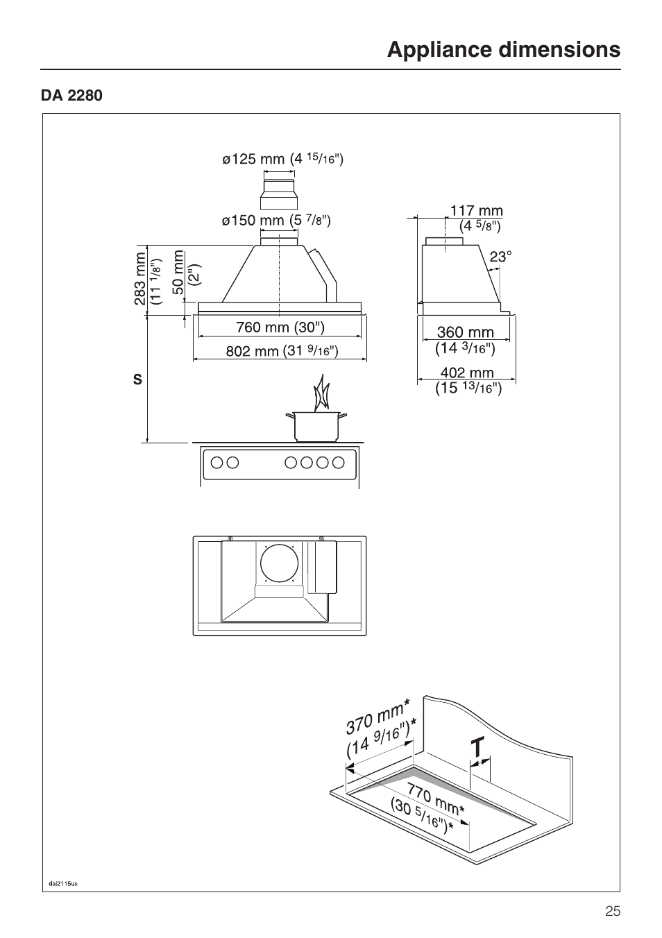 Appliance dimensions 25, Appliance dimensions | Miele DA2210 User Manual | Page 25 / 40