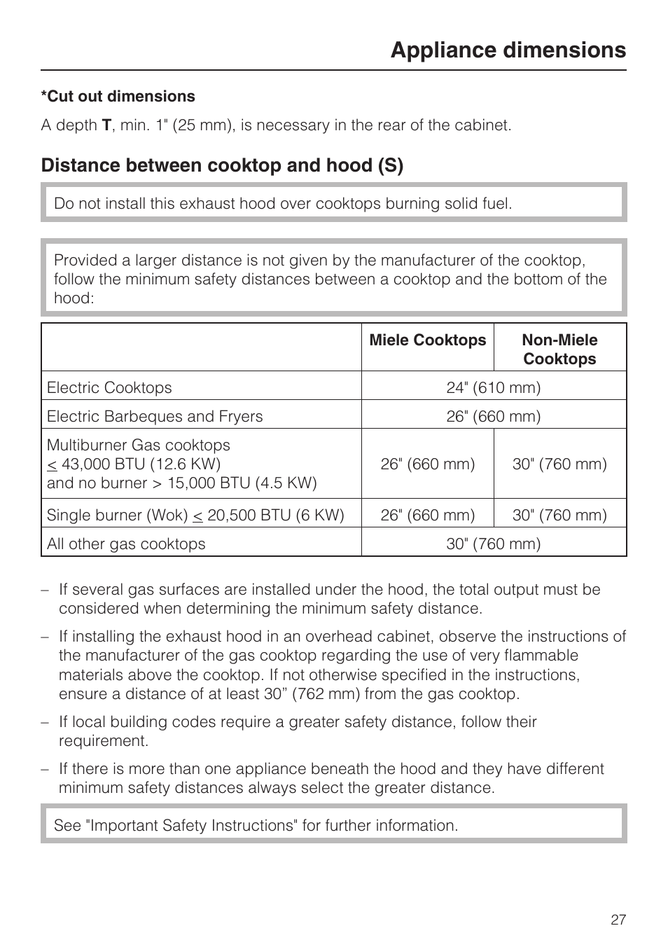 Distance between cooktop and hood (s) 27, Appliance dimensions, Distance between cooktop and hood (s) | Miele DA2210 User Manual | Page 27 / 40