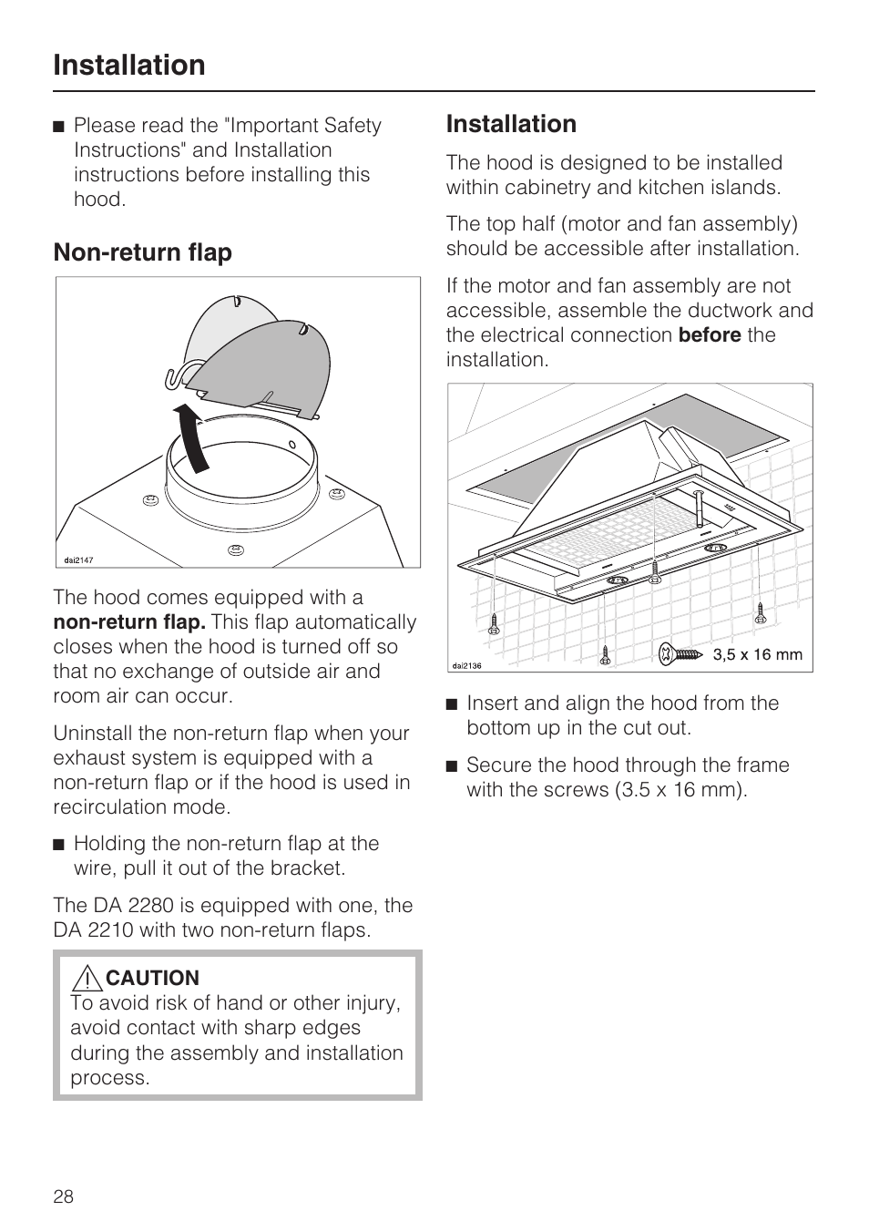 Installation 28, Non-return flap, Installation | Miele DA2210 User Manual | Page 28 / 40