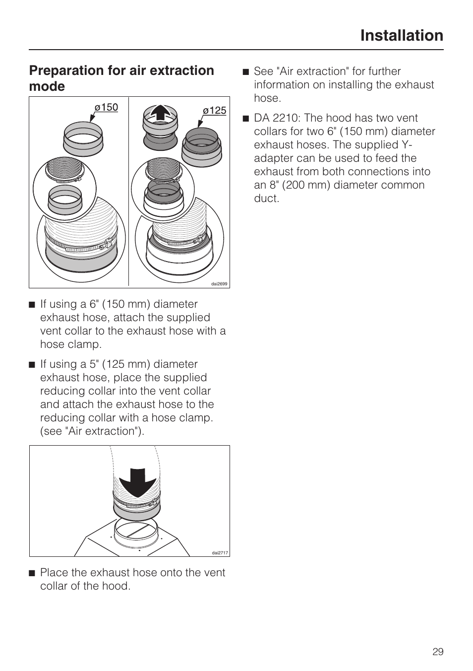 Installation, Preparation for air extraction mode | Miele DA2210 User Manual | Page 29 / 40