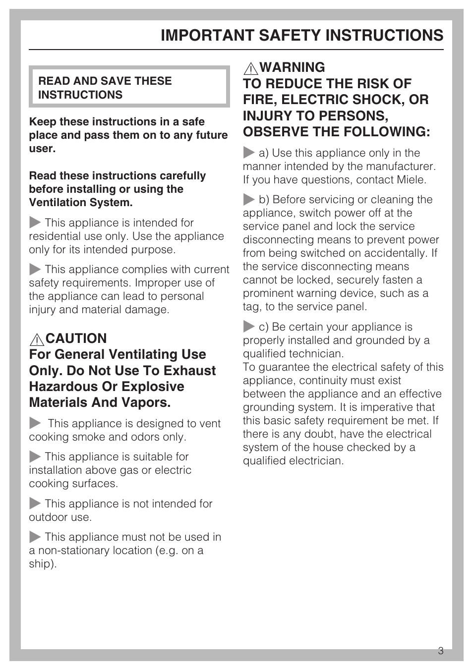 Important safety instructions 3, Important safety instructions | Miele DA2210 User Manual | Page 3 / 40