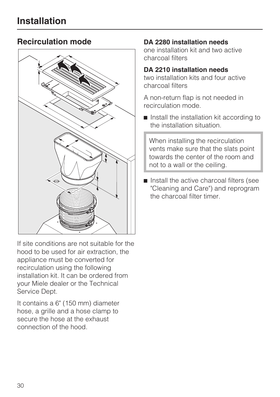 Installation, Recirculation mode | Miele DA2210 User Manual | Page 30 / 40