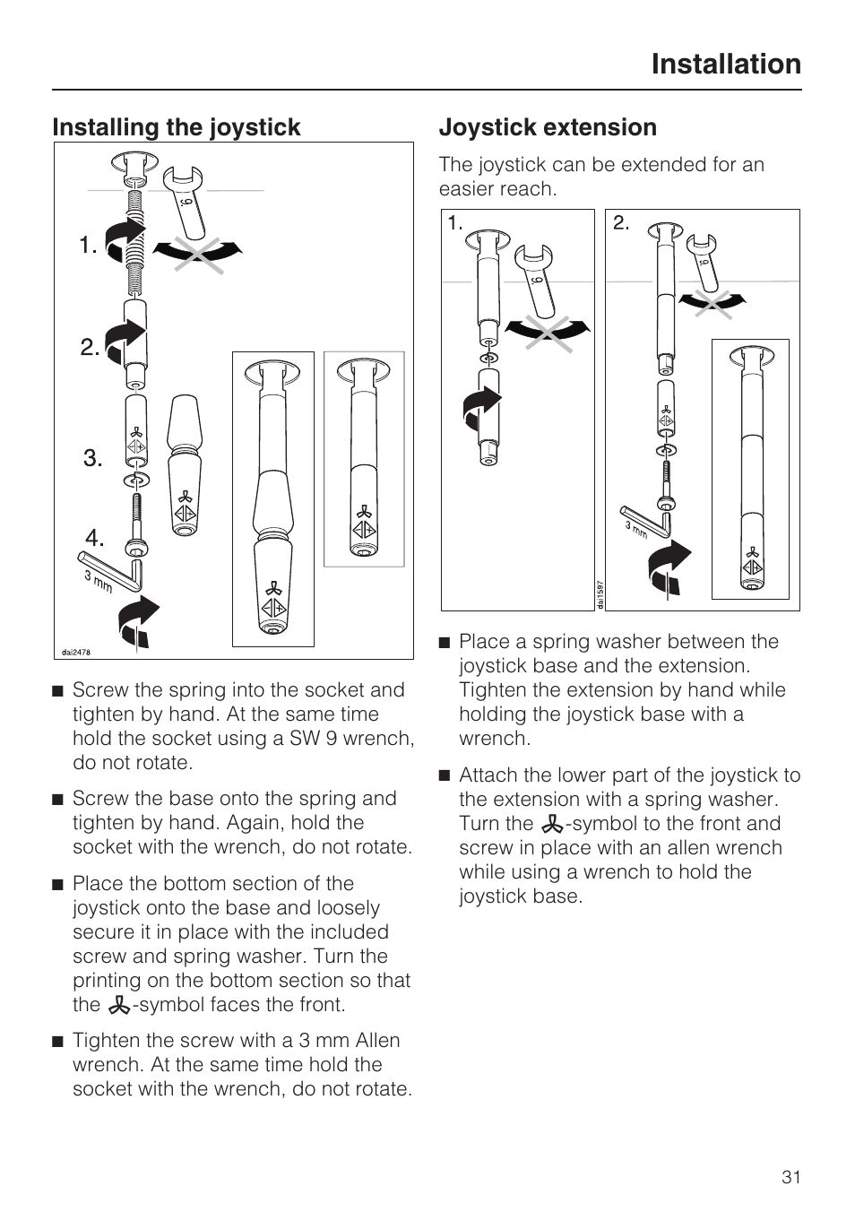 Installing the joystick 31, Joystick extension 31, Installation | Installing the joystick, Joystick extension | Miele DA2210 User Manual | Page 31 / 40