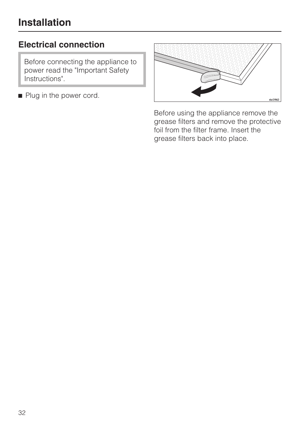 Electrical connection 32, Installation | Miele DA2210 User Manual | Page 32 / 40