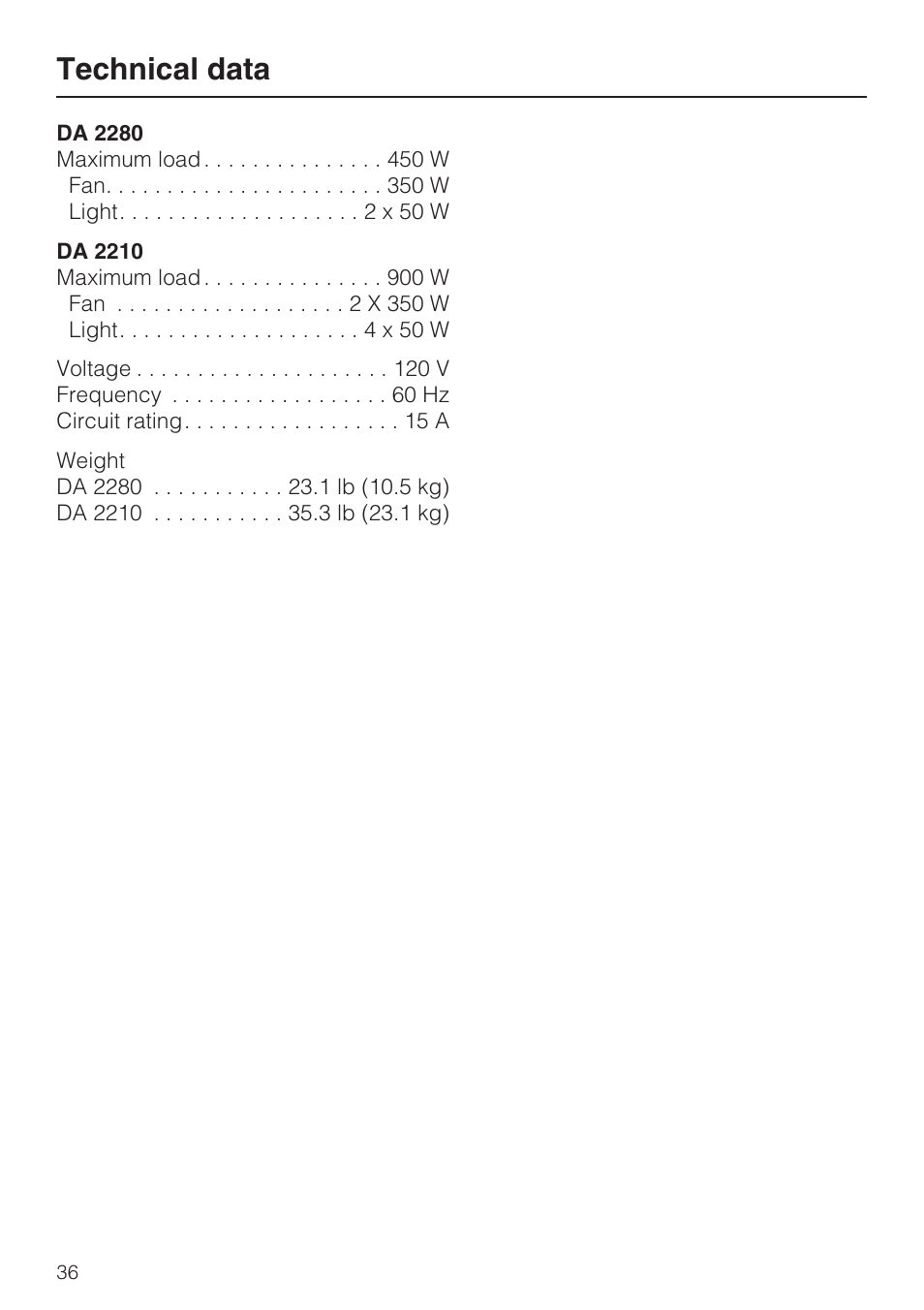 Technical data 36, Technical data | Miele DA2210 User Manual | Page 36 / 40