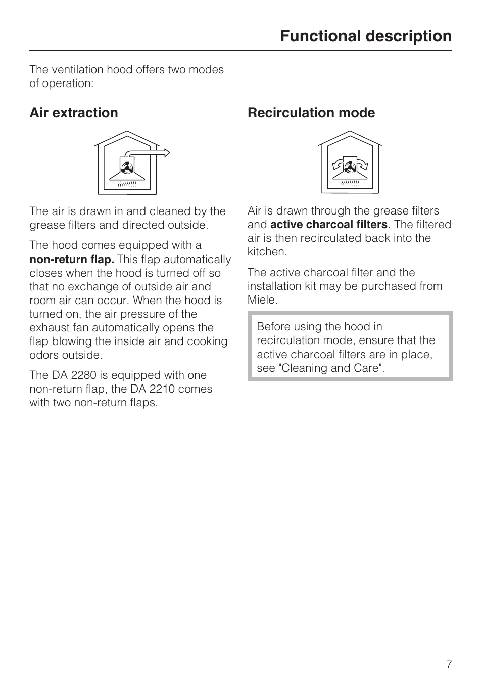 Functional description 7, Functional description, Air extraction | Recirculation mode | Miele DA2210 User Manual | Page 7 / 40
