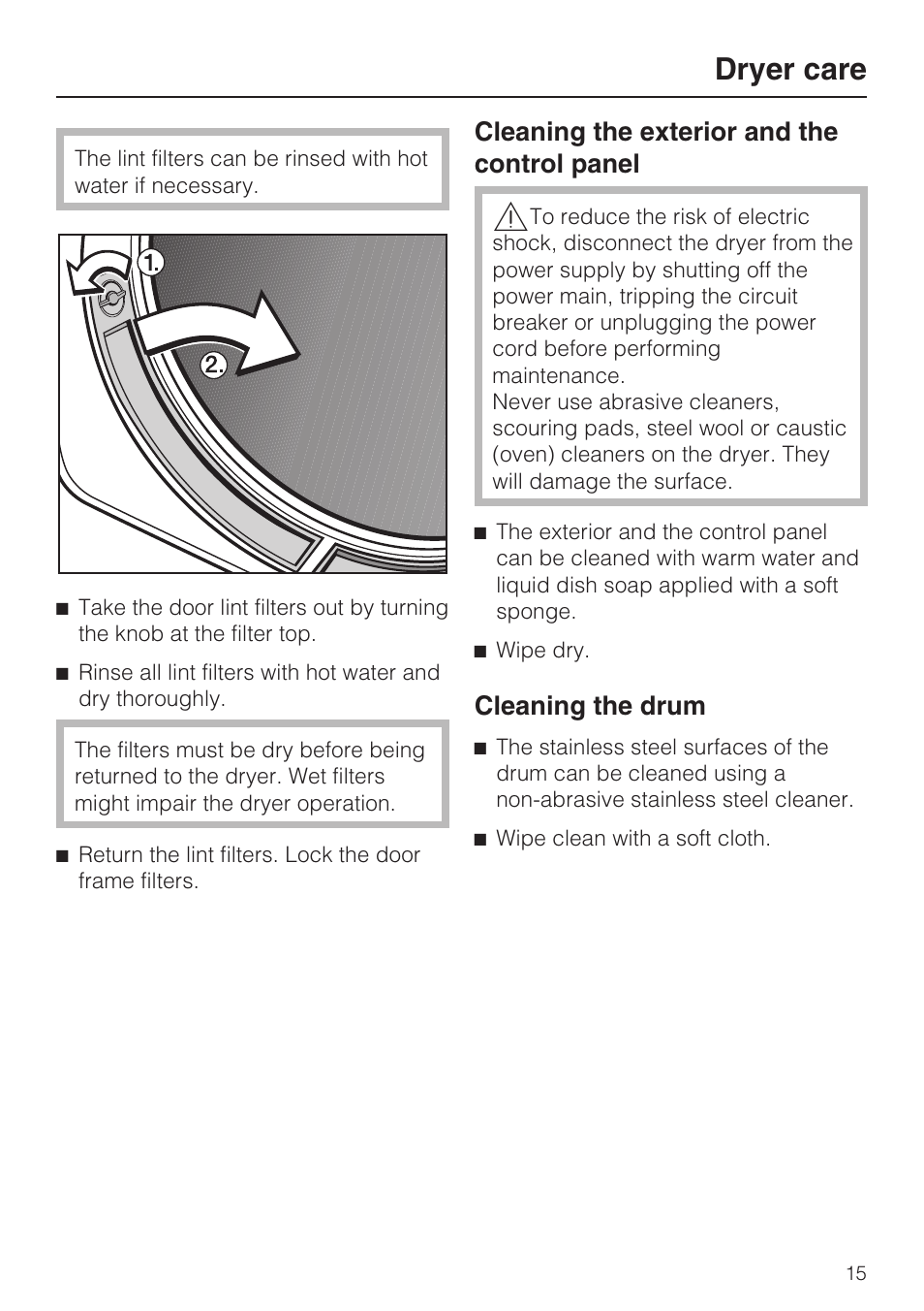 Cleaning the exterior and the control panel 15, Cleaning the drum 15, Dryer care | Cleaning the exterior and the control panel, Cleaning the drum | Miele T8013C User Manual | Page 15 / 40