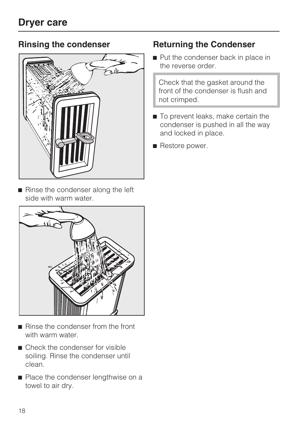 Dryer care, Rinsing the condenser, Returning the condenser | Miele T8013C User Manual | Page 18 / 40