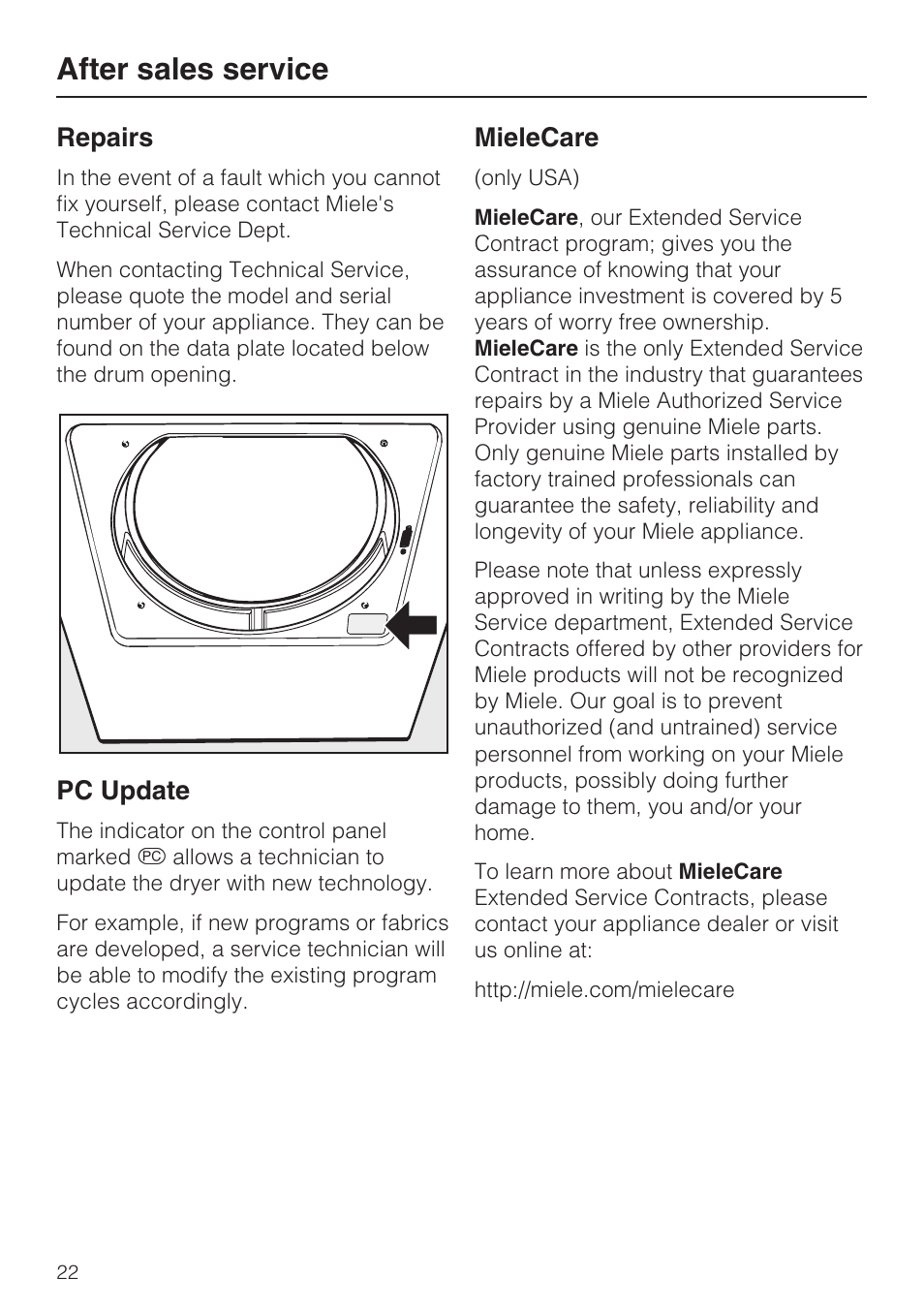 After sales service 22, After sales service, Repairs | Pc update, Mielecare | Miele T8013C User Manual | Page 26 / 40