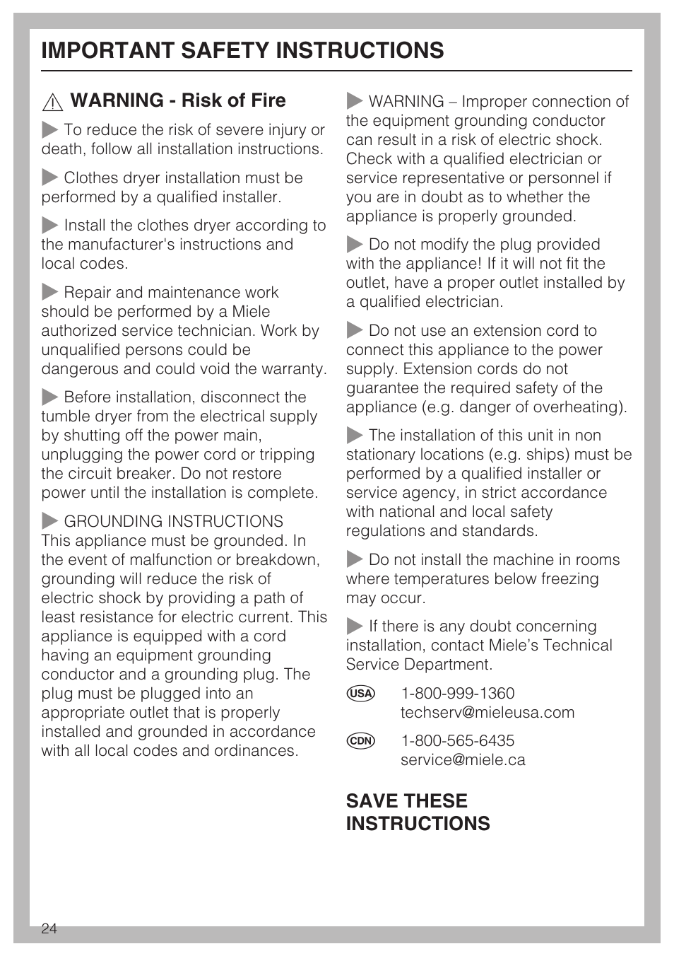 Important safety instructions 24, Important safety instructions | Miele T8013C User Manual | Page 28 / 40