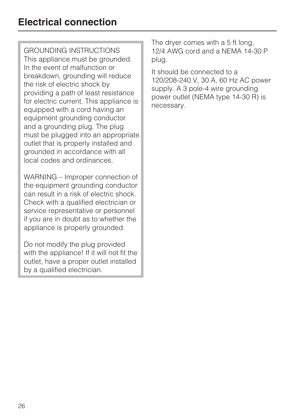 Electrical connection 26, Electrical connection | Miele T8013C User Manual | Page 30 / 40