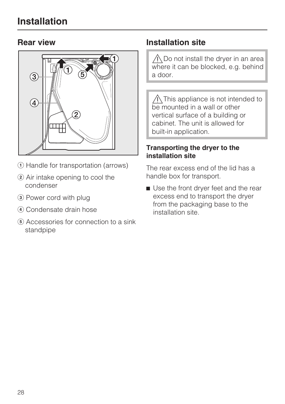 Installation site 28, Installation | Miele T8013C User Manual | Page 32 / 40