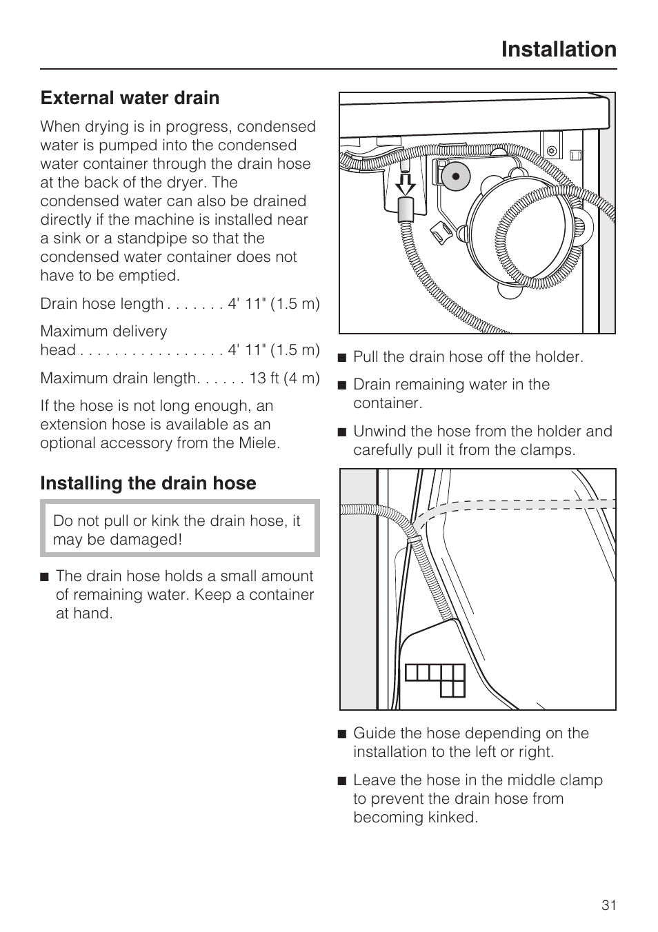 Installation, External water drain, Installing the drain hose | Miele T8013C User Manual | Page 35 / 40