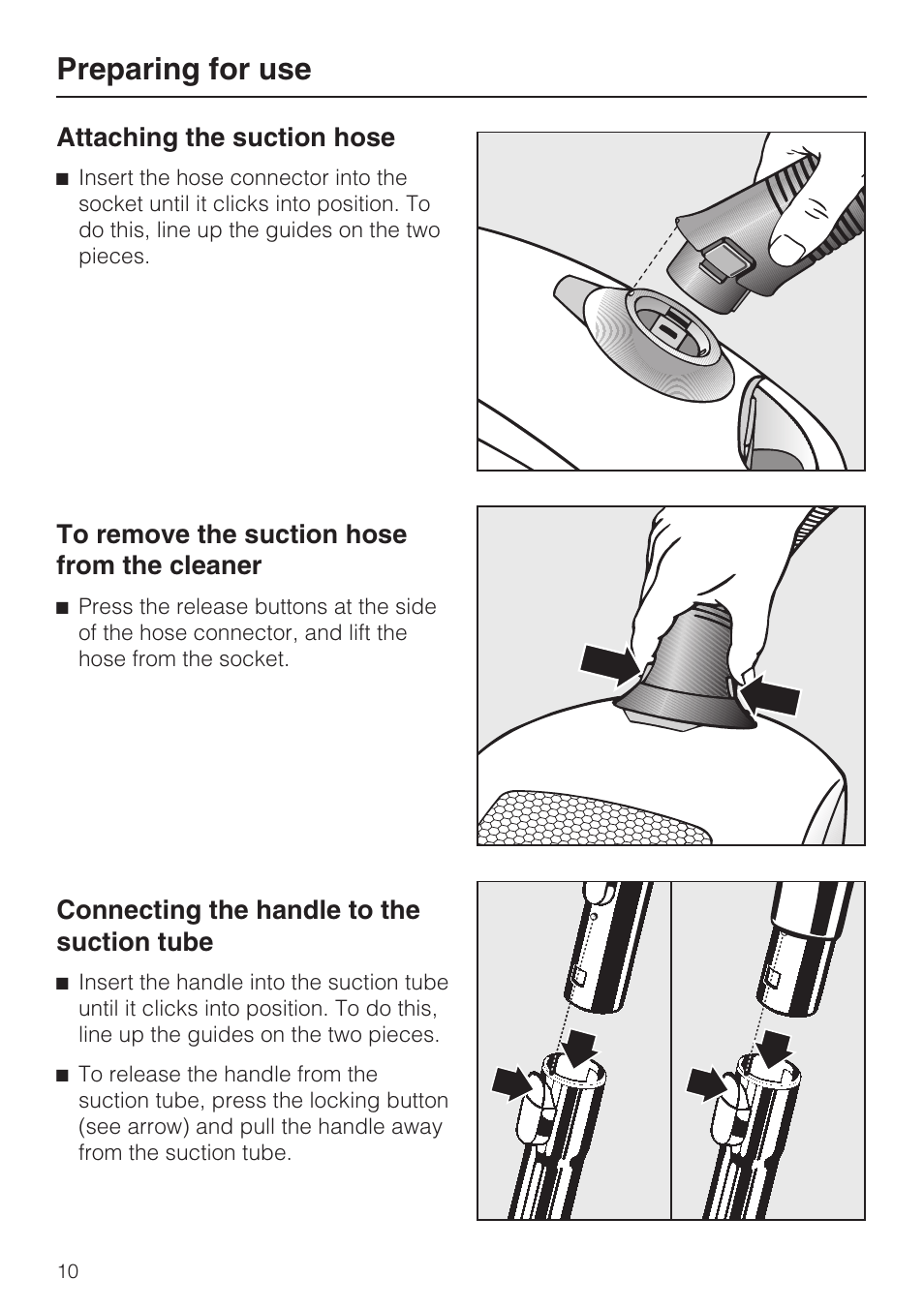 Preparing for use 10, Preparing for use | Miele S4212 User Manual | Page 10 / 36