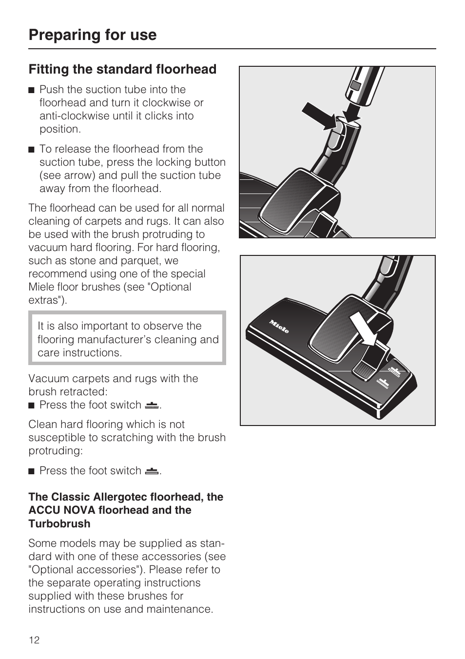 Preparing for use, Fitting the standard floorhead | Miele S4212 User Manual | Page 12 / 36