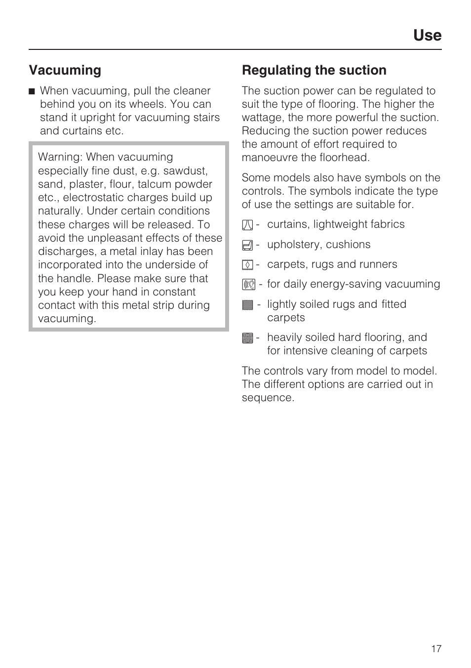 Regulating the suction 17, Vacuuming, Regulating the suction | Miele S4212 User Manual | Page 17 / 36