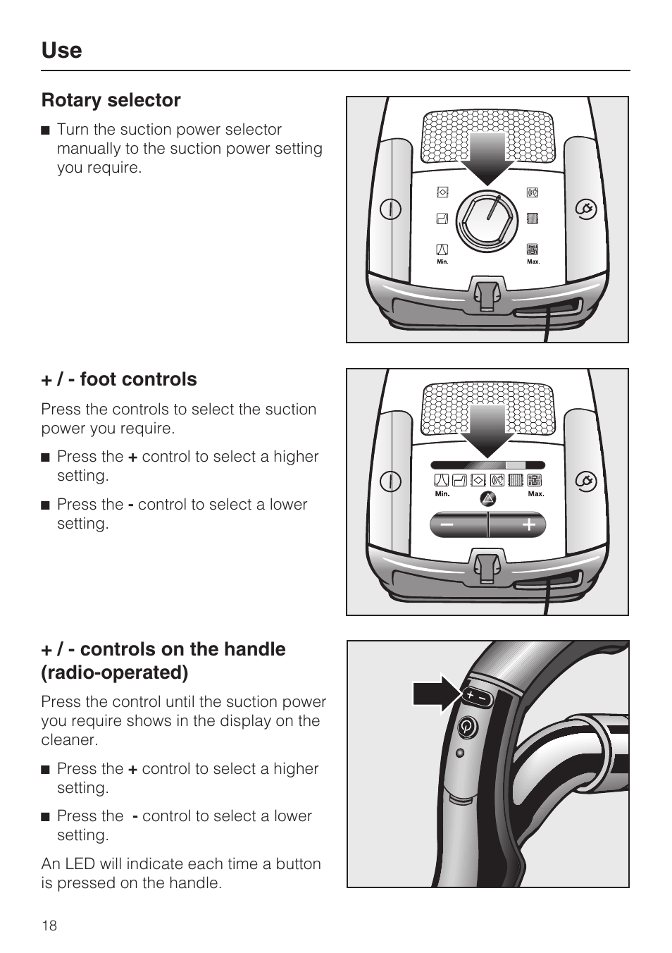 Rotary selector, Foot controls, Controls on the handle (radio-operated) | Miele S4212 User Manual | Page 18 / 36