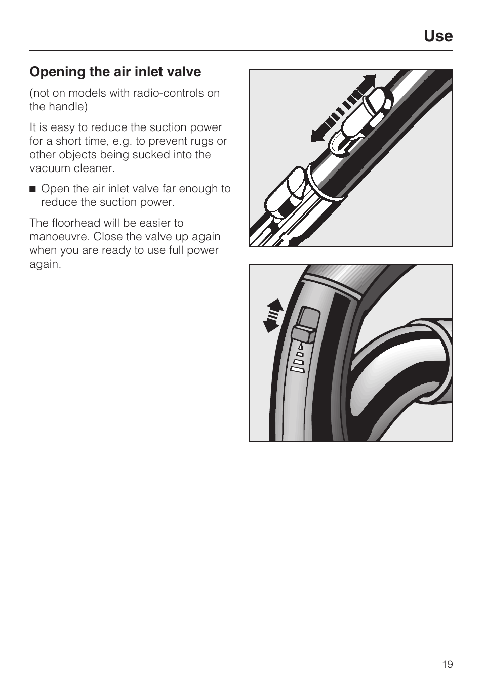 Opening the air inlet valve 19, Opening the air inlet valve | Miele S4212 User Manual | Page 19 / 36