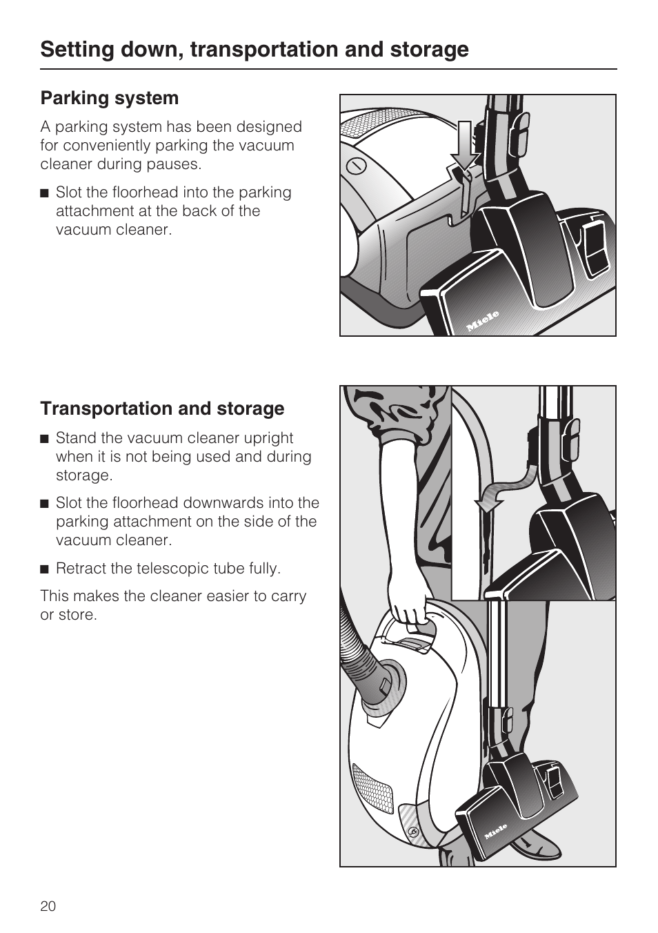 Setting down, transportation and storage 20, Setting down, transportation and storage, Parking system | Transportation and storage | Miele S4212 User Manual | Page 20 / 36