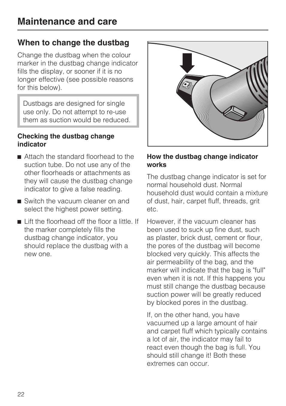 When to change the dustbag 22, Maintenance and care, When to change the dustbag | Miele S4212 User Manual | Page 22 / 36