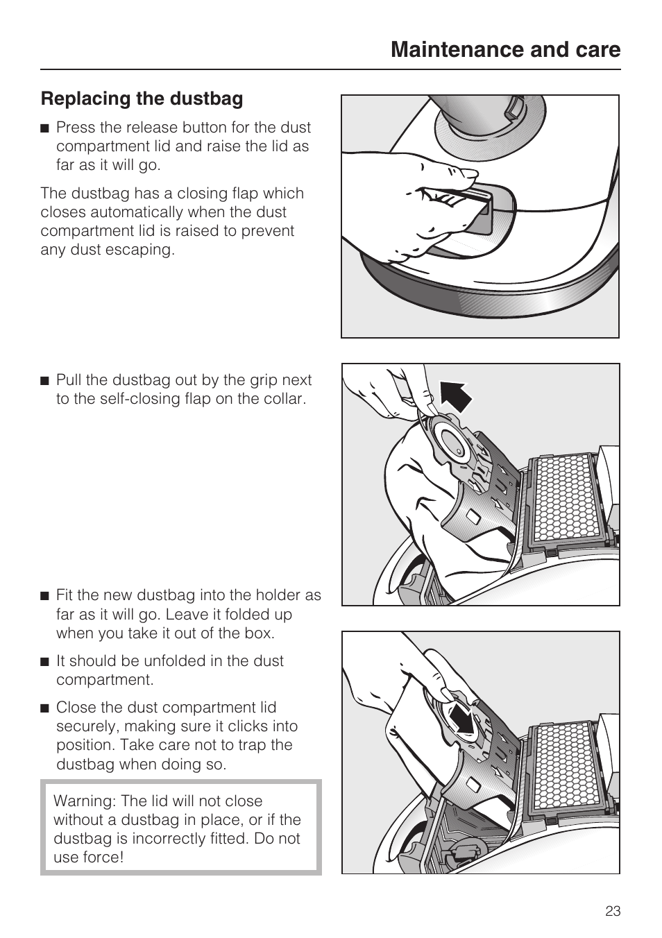 Replacing the dustbag 23, Maintenance and care, Replacing the dustbag | Miele S4212 User Manual | Page 23 / 36