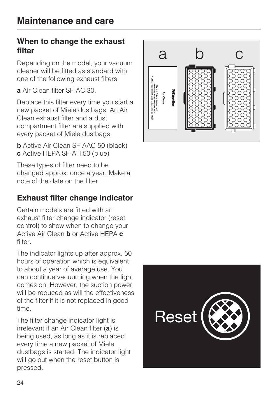 When to change the exhaust filter 24, Exhaust filter change indicator 24, Maintenance and care | When to change the exhaust filter, Exhaust filter change indicator | Miele S4212 User Manual | Page 24 / 36