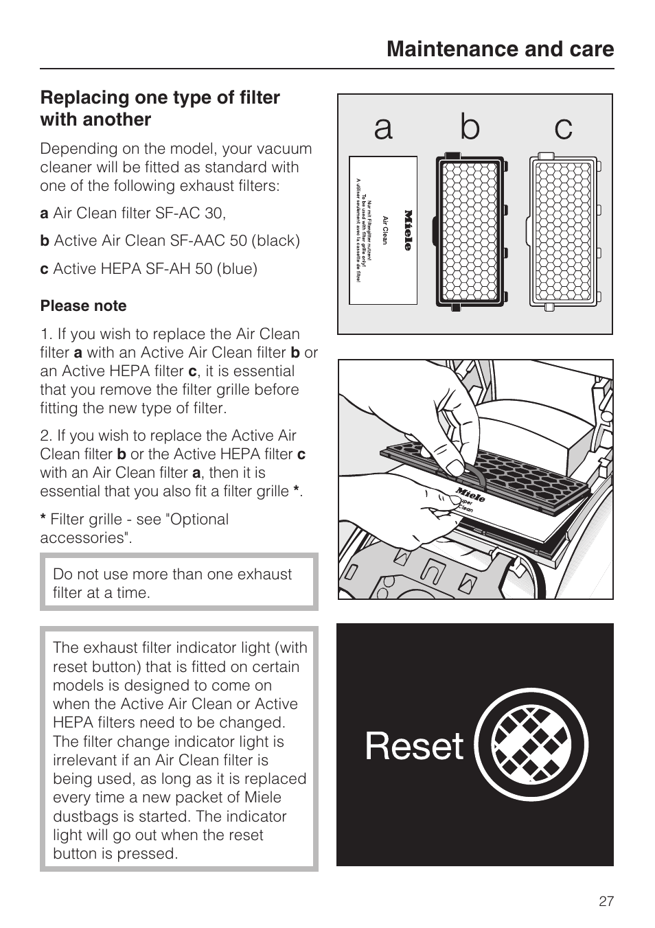 Replacing one type of filter with another 27, Maintenance and care, Replacing one type of filter with another | Miele S4212 User Manual | Page 27 / 36