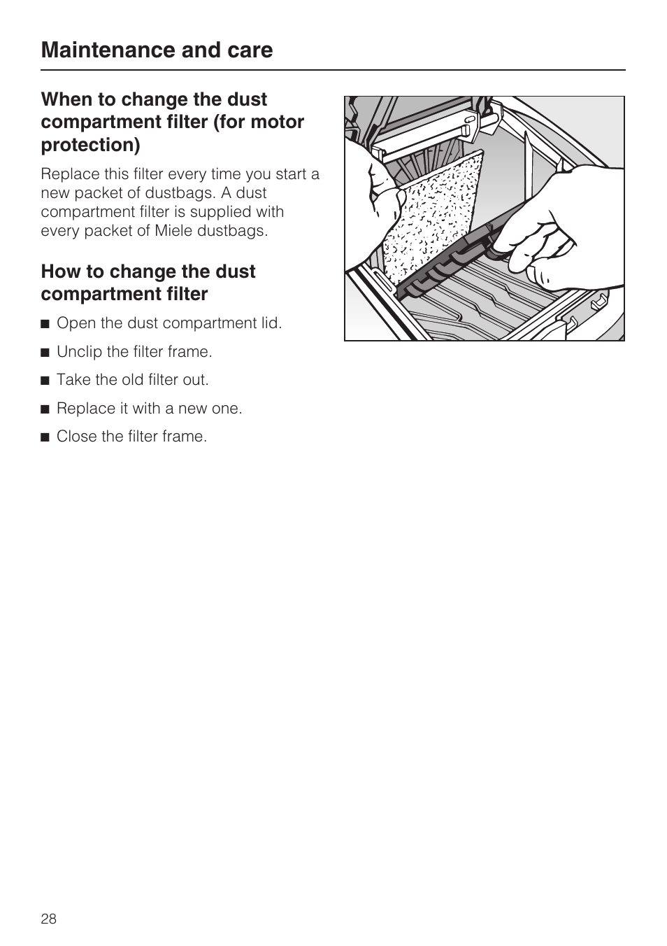 How to change the dust compartment filter 28, Maintenance and care | Miele S4212 User Manual | Page 28 / 36