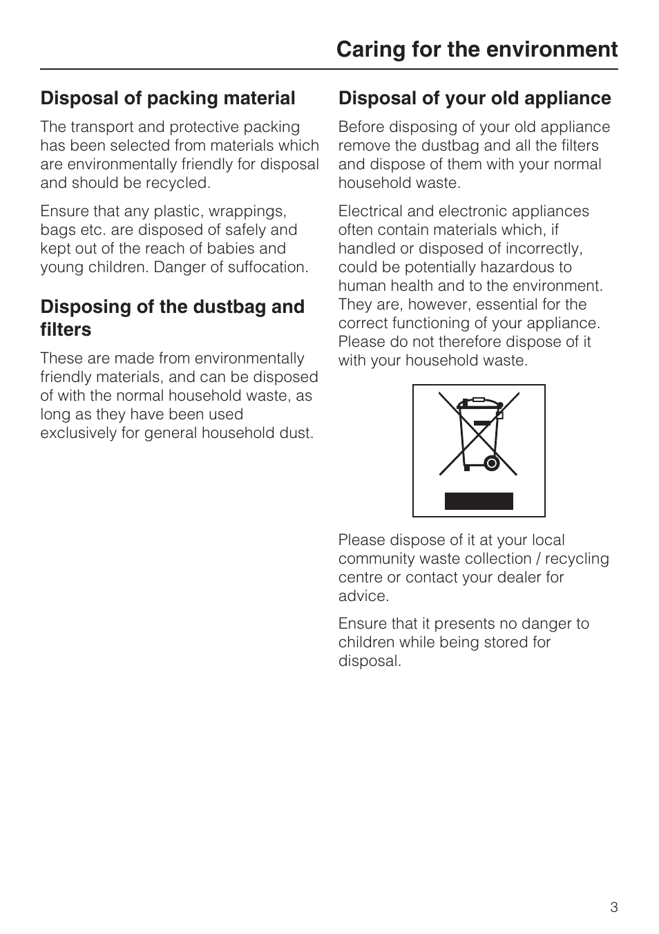 Caring for the environment 3, Caring for the environment | Miele S4212 User Manual | Page 3 / 36