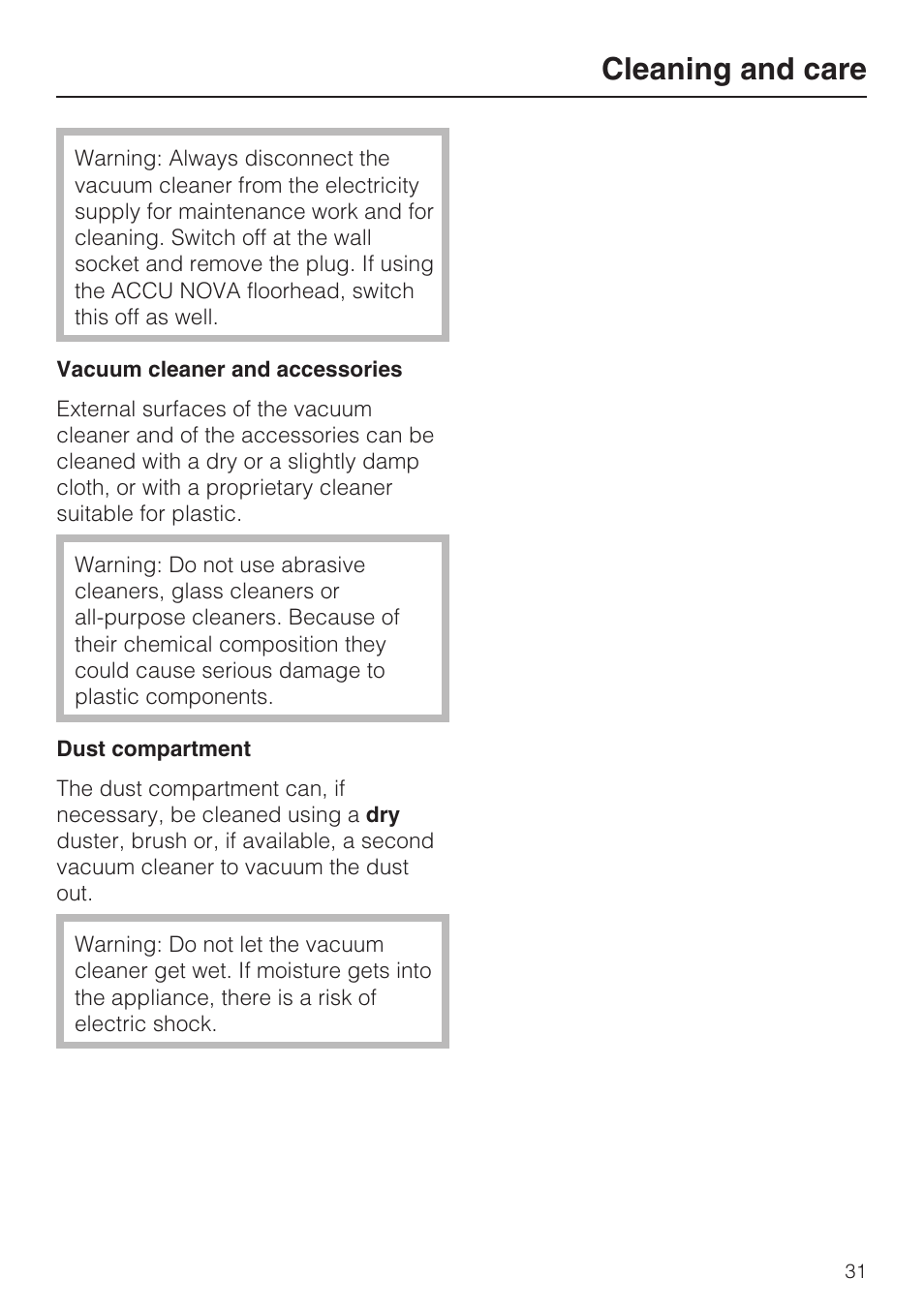 Cleaning and care 31, Cleaning and care | Miele S4212 User Manual | Page 31 / 36