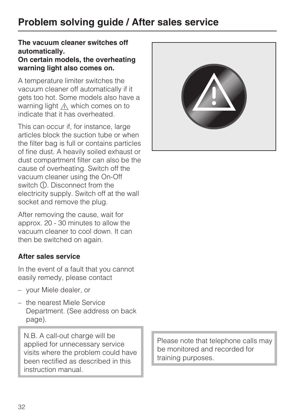 Problem solving guide / after sales service 32, Problem solving guide / after sales service | Miele S4212 User Manual | Page 32 / 36