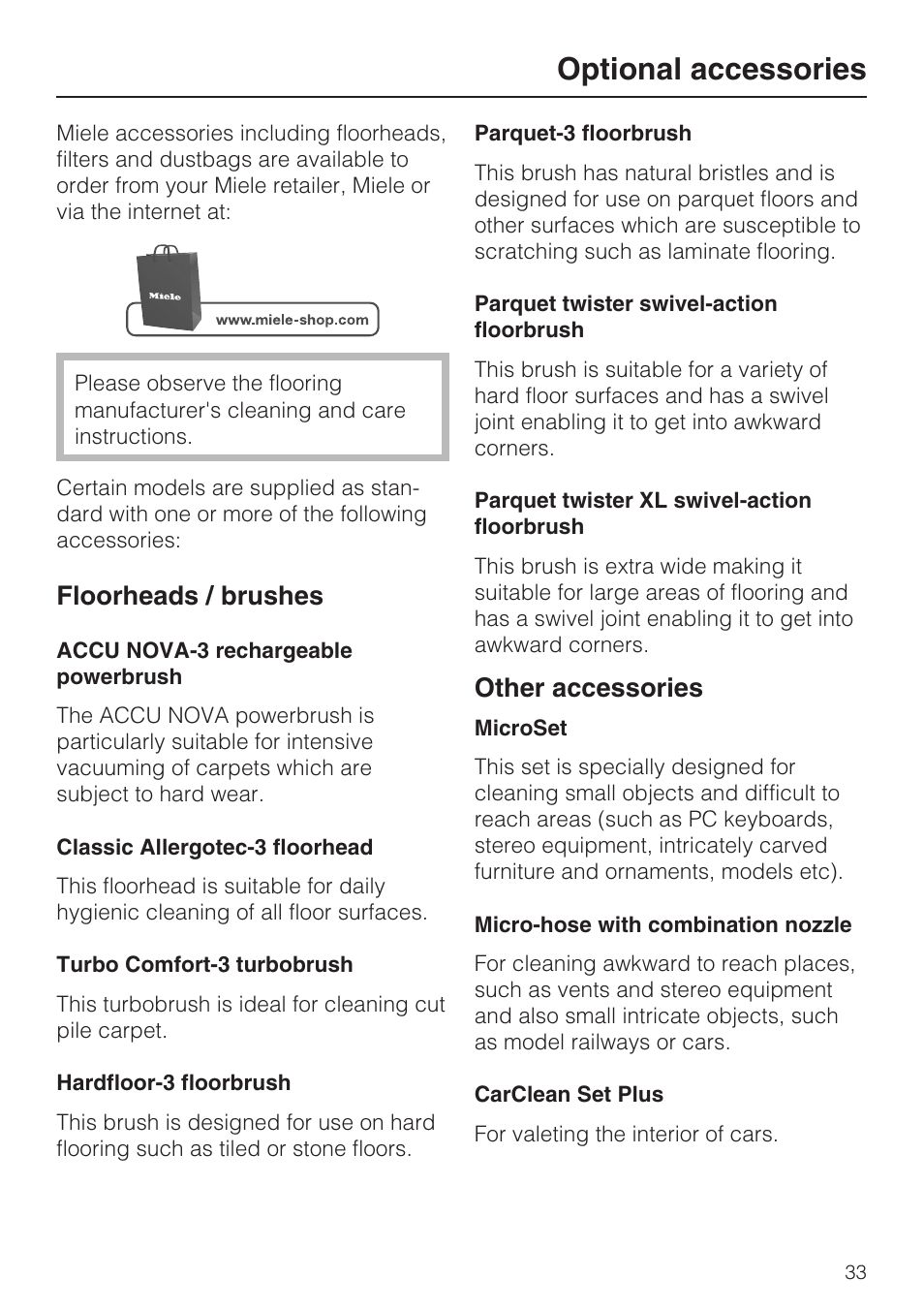 Optional accessories 33, Optional accessories, Floorheads / brushes | Other accessories | Miele S4212 User Manual | Page 33 / 36