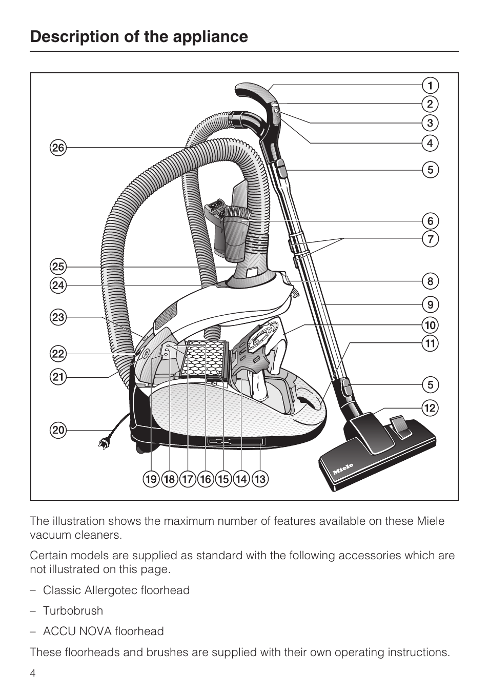 Description of the appliance 4, Description of the appliance | Miele S4212 User Manual | Page 4 / 36