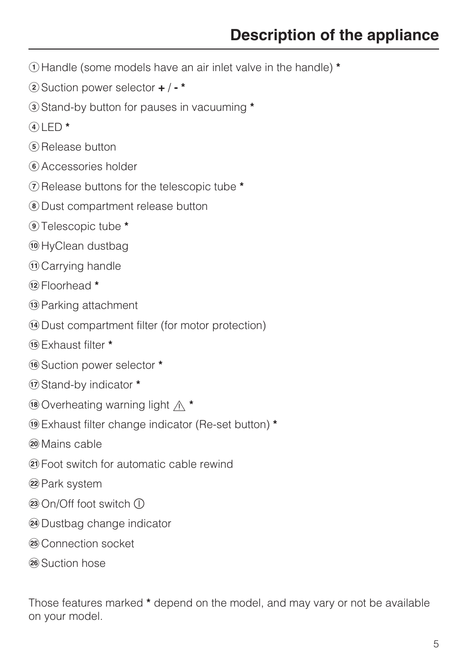 Description of the appliance | Miele S4212 User Manual | Page 5 / 36
