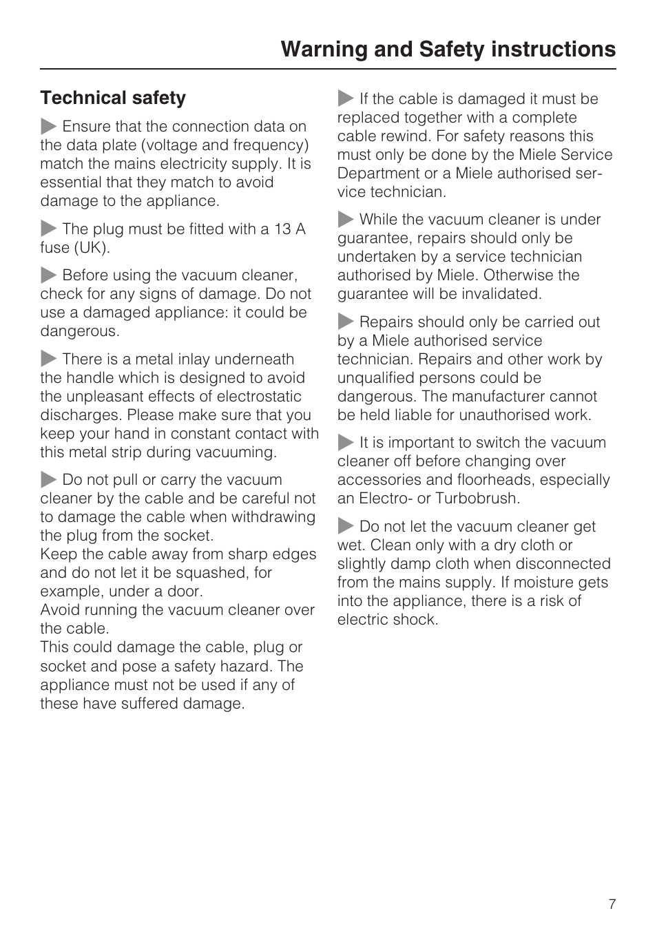 Warning and safety instructions | Miele S4212 User Manual | Page 7 / 36