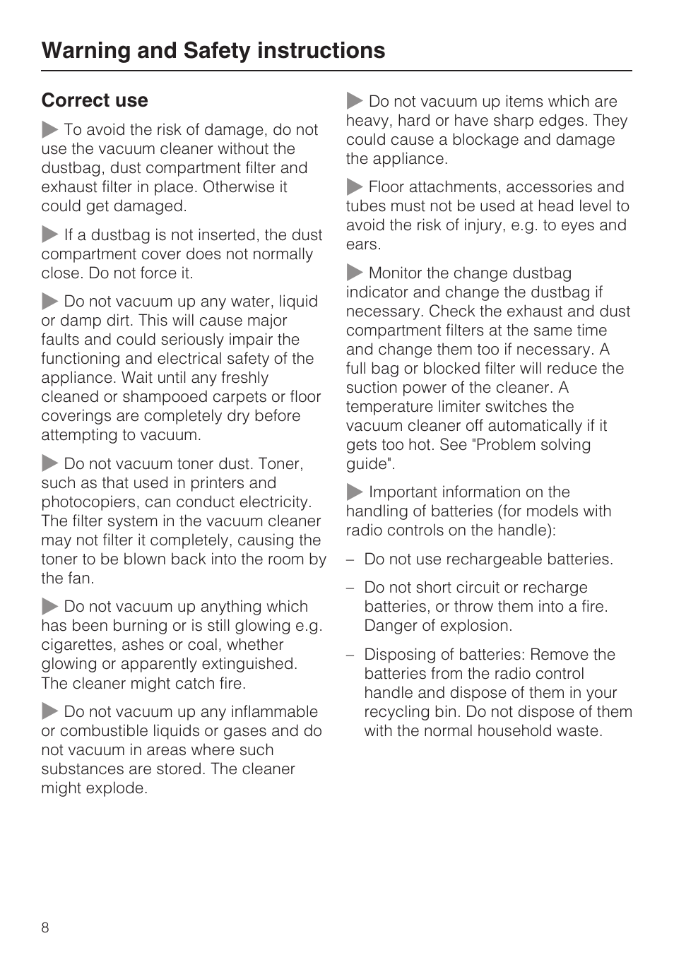 Warning and safety instructions | Miele S4212 User Manual | Page 8 / 36