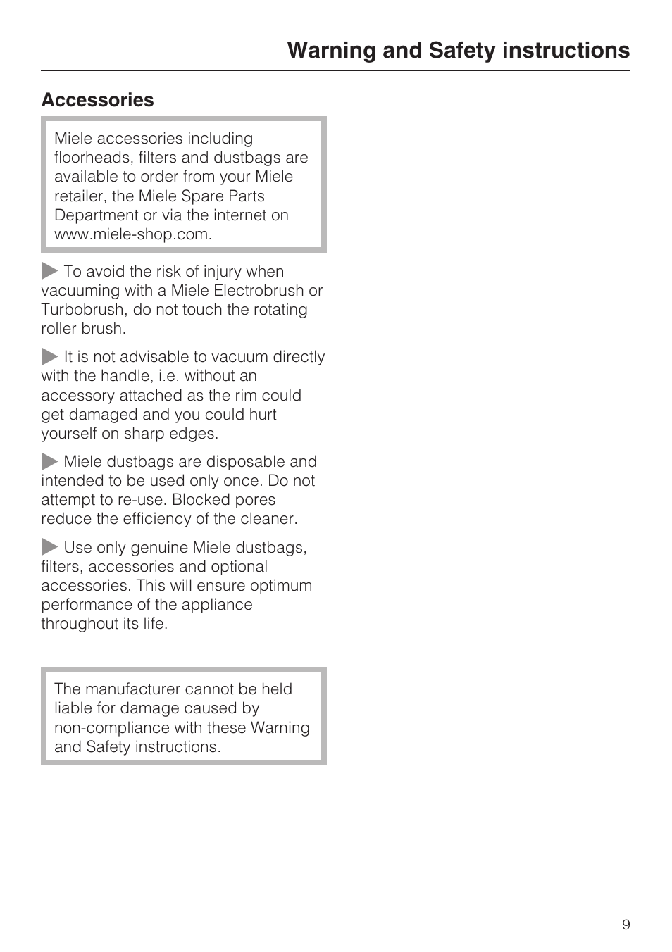 Warning and safety instructions | Miele S4212 User Manual | Page 9 / 36