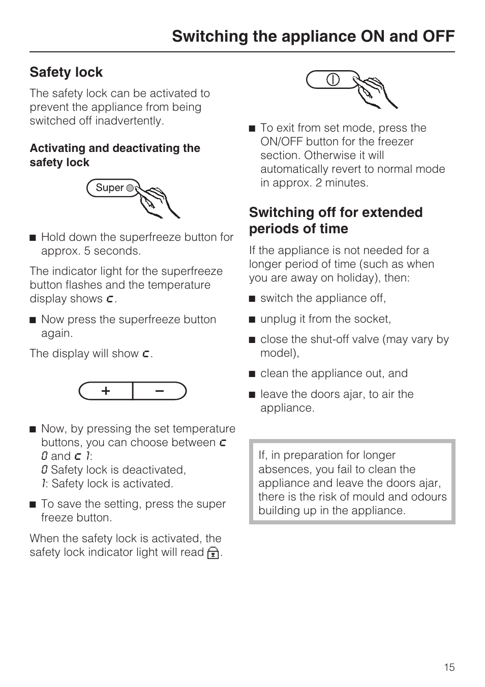 Safety lock 15, Switching off for extended periods of time 15, Switching the appliance on and off | Safety lock, Switching off for extended periods of time | Miele KFN 8995 SD ED-1 User Manual | Page 15 / 60