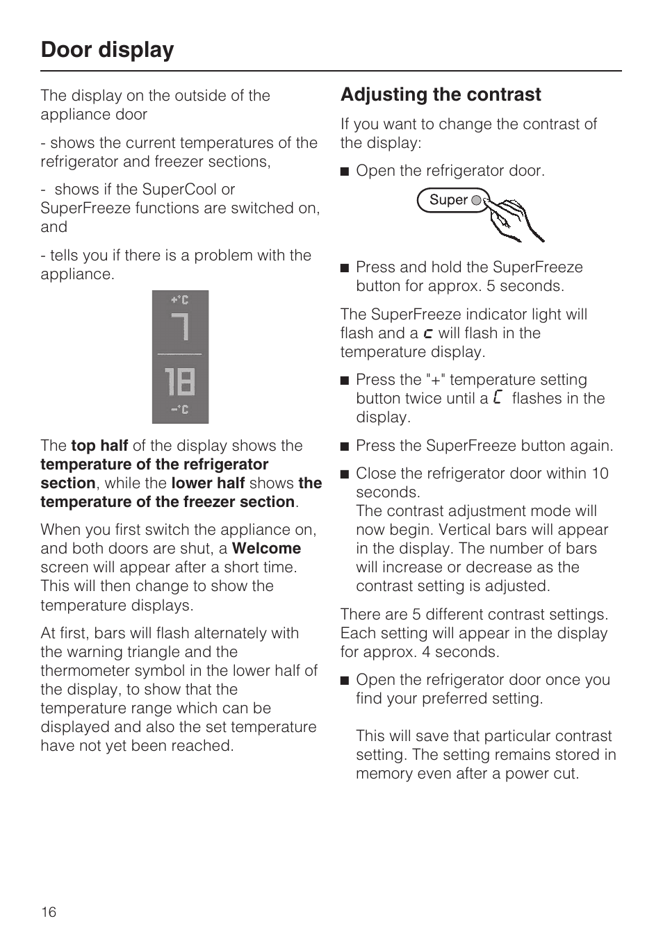 Door display 16, Adjusting the contrast 16, Door display | Adjusting the contrast | Miele KFN 8995 SD ED-1 User Manual | Page 16 / 60