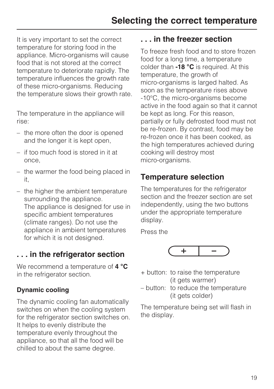 Selecting the correct temperature 19, In the refrigerator section 19, Dynamic cooling 19 | In the freezer section 19, Temperature selection 19, Selecting the correct temperature, Temperature selection | Miele KFN 8995 SD ED-1 User Manual | Page 19 / 60