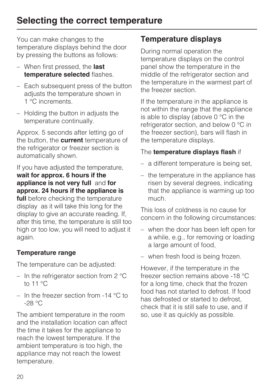 Temperature range 20, Temperature displays 20, Selecting the correct temperature | Temperature displays | Miele KFN 8995 SD ED-1 User Manual | Page 20 / 60
