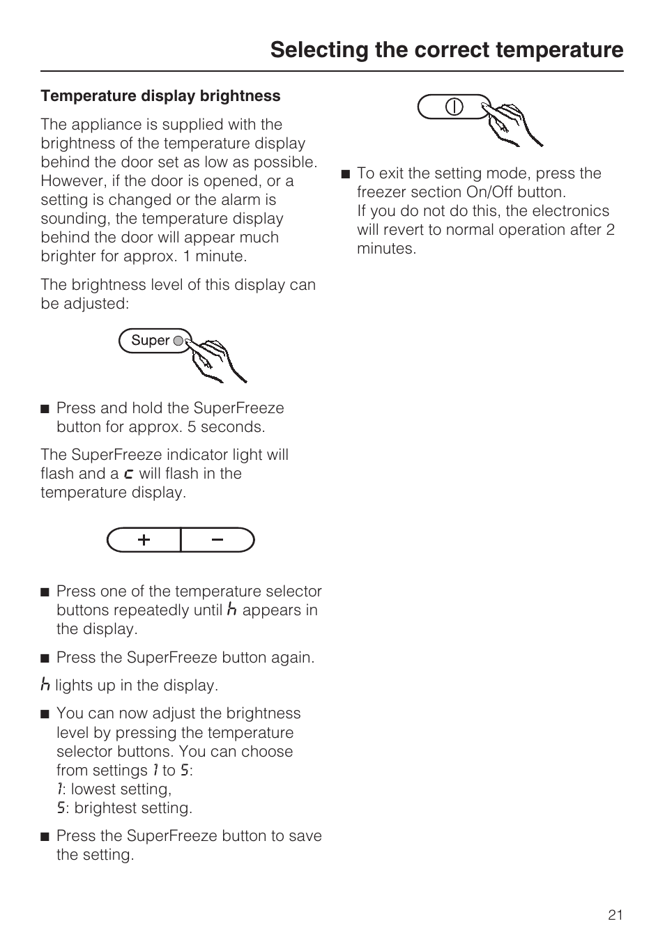 Temperature display brightness 21, Selecting the correct temperature | Miele KFN 8995 SD ED-1 User Manual | Page 21 / 60
