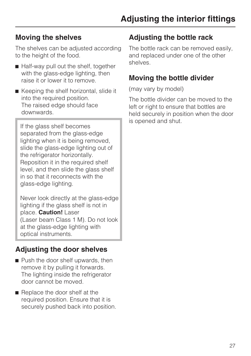 Adjusting the interior fittings 27, Adjusting the interior fittings, Moving the shelves | Adjusting the door shelves, Adjusting the bottle rack, Moving the bottle divider | Miele KFN 8995 SD ED-1 User Manual | Page 27 / 60