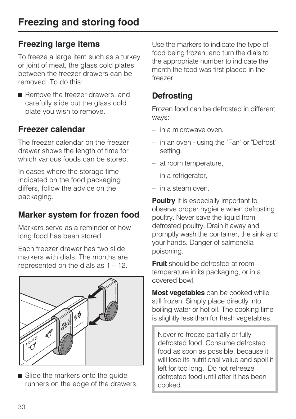 Freezing large items 30, Freezer calendar 30, Marker system for frozen food 30 | Defrosting 30, Freezing and storing food, Freezing large items, Freezer calendar, Marker system for frozen food, Defrosting | Miele KFN 8995 SD ED-1 User Manual | Page 30 / 60
