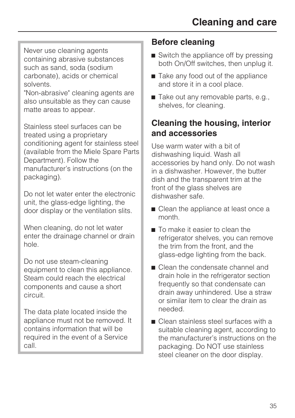 Cleaning and care 35, Cleaning the housing, interior and accessories 35, Cleaning and care | Before cleaning, Cleaning the housing, interior and accessories | Miele KFN 8995 SD ED-1 User Manual | Page 35 / 60
