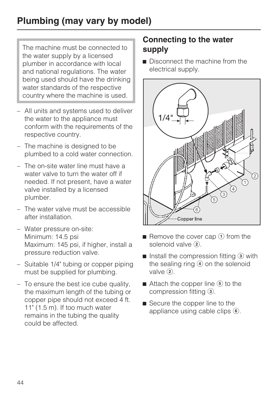 Plumbing (may vary by model) 44, Connecting to the water supply 44, Plumbing (may vary by model) | Connecting to the water supply | Miele KFN 8995 SD ED-1 User Manual | Page 44 / 60