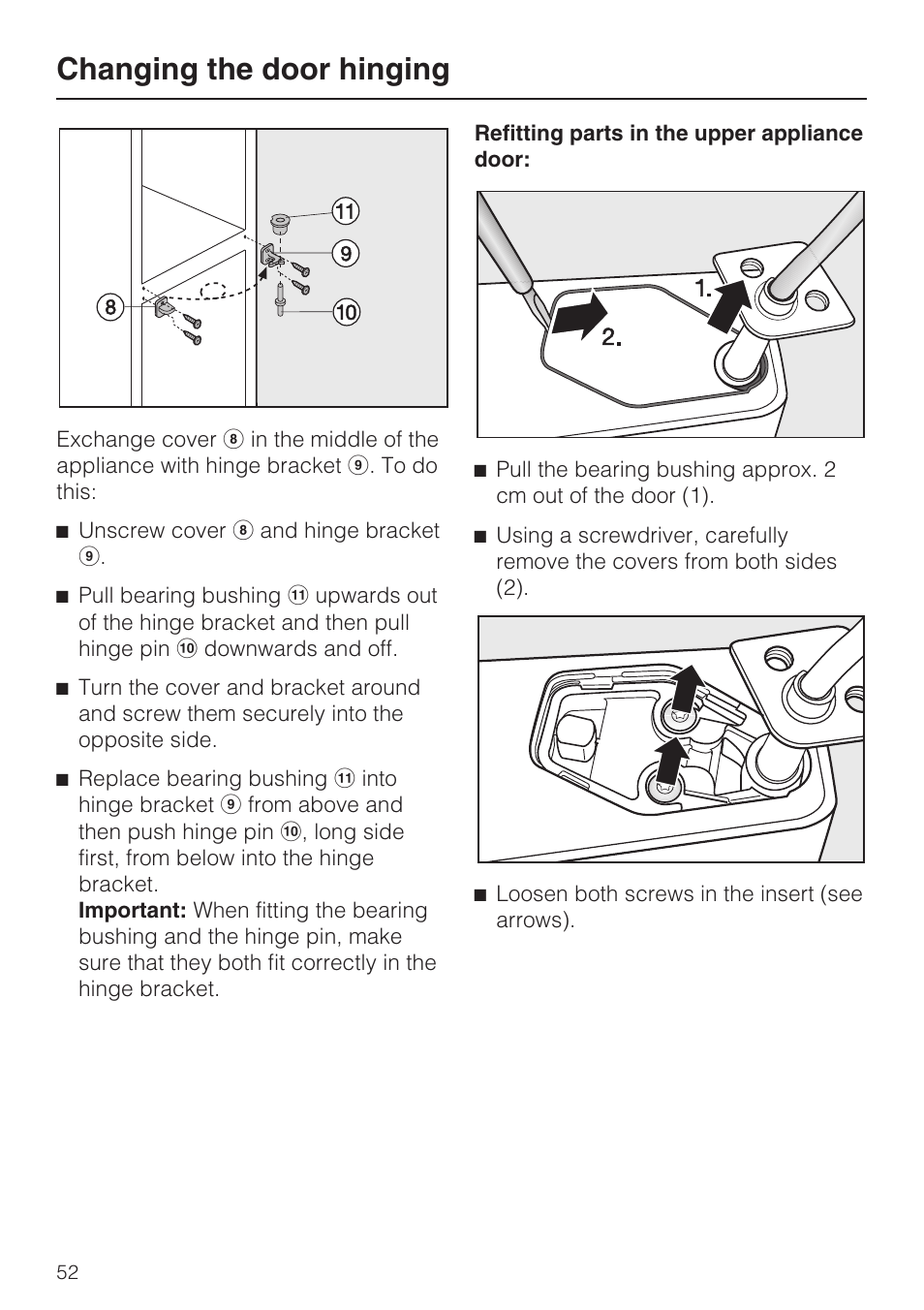 Changing the door hinging | Miele KFN 8995 SD ED-1 User Manual | Page 52 / 60