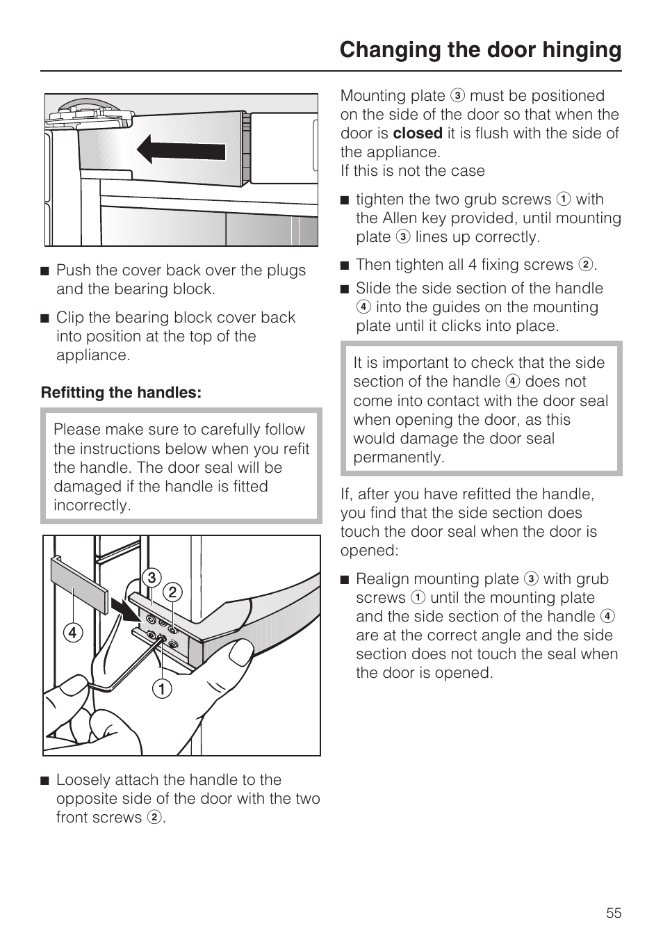 Changing the door hinging | Miele KFN 8995 SD ED-1 User Manual | Page 55 / 60