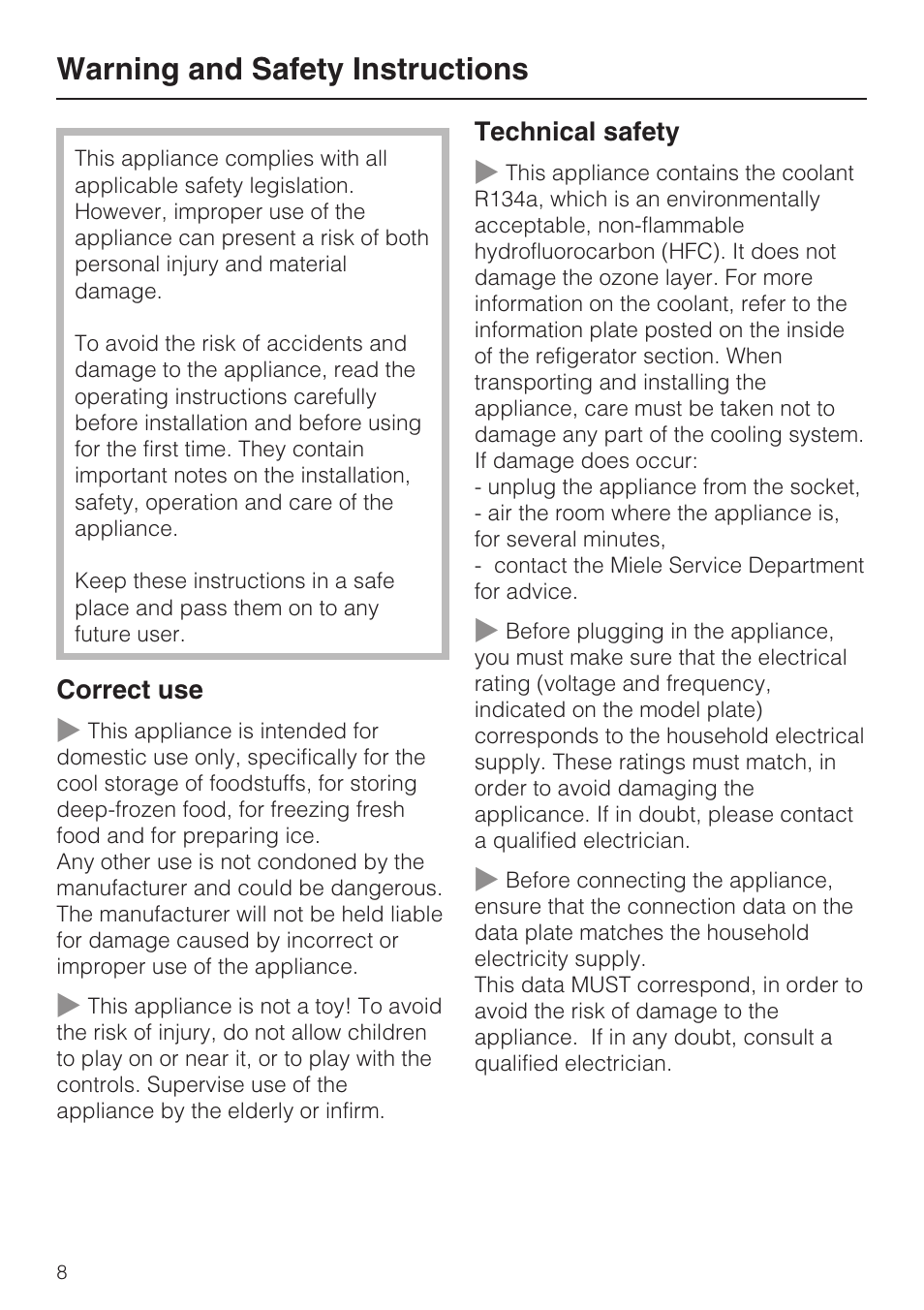 Warning and safety instructions 8, Warning and safety instructions | Miele KFN 8995 SD ED-1 User Manual | Page 8 / 60